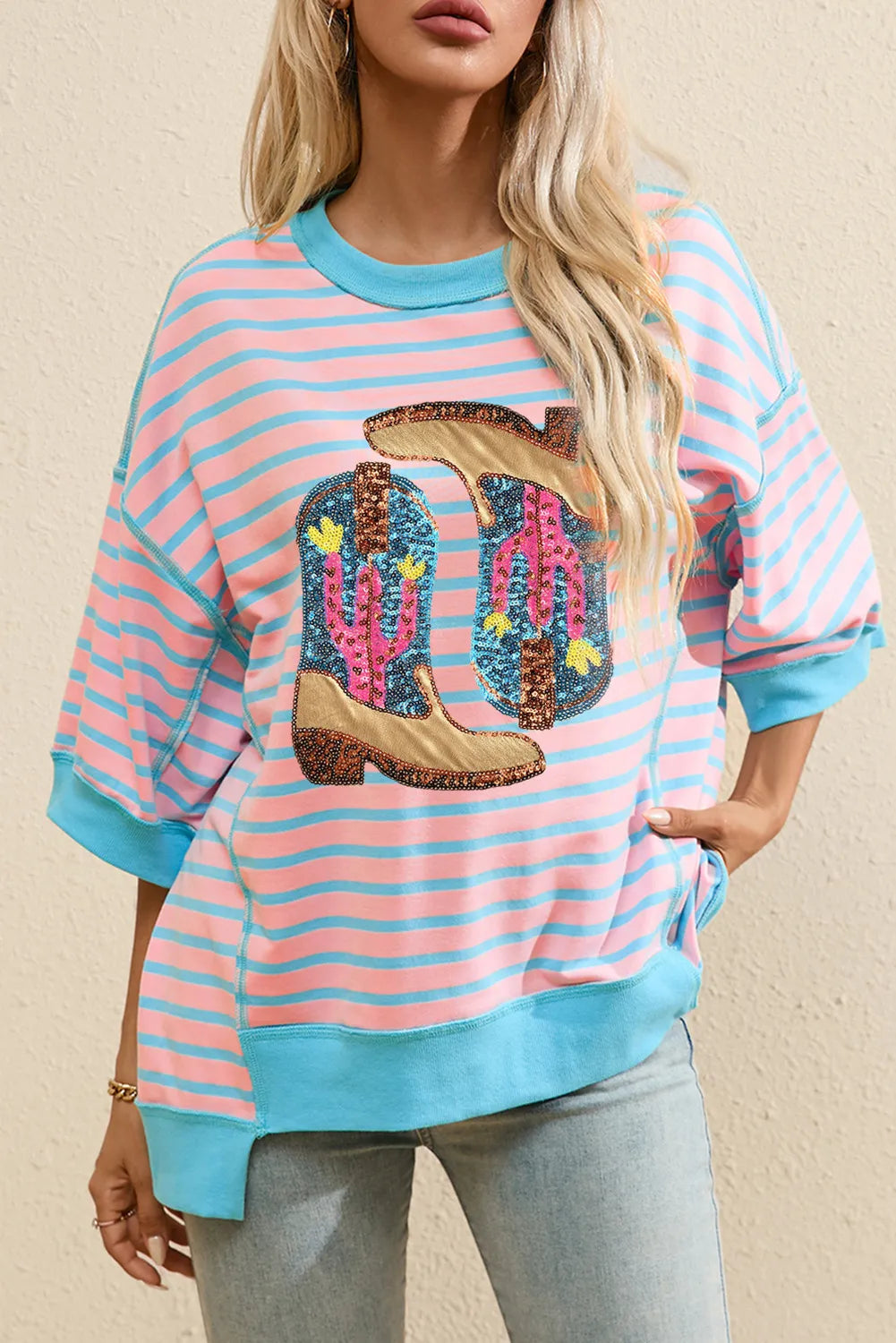 Boots Striped Round Neck Half Sleeve T-Shirt - Charming Charlie