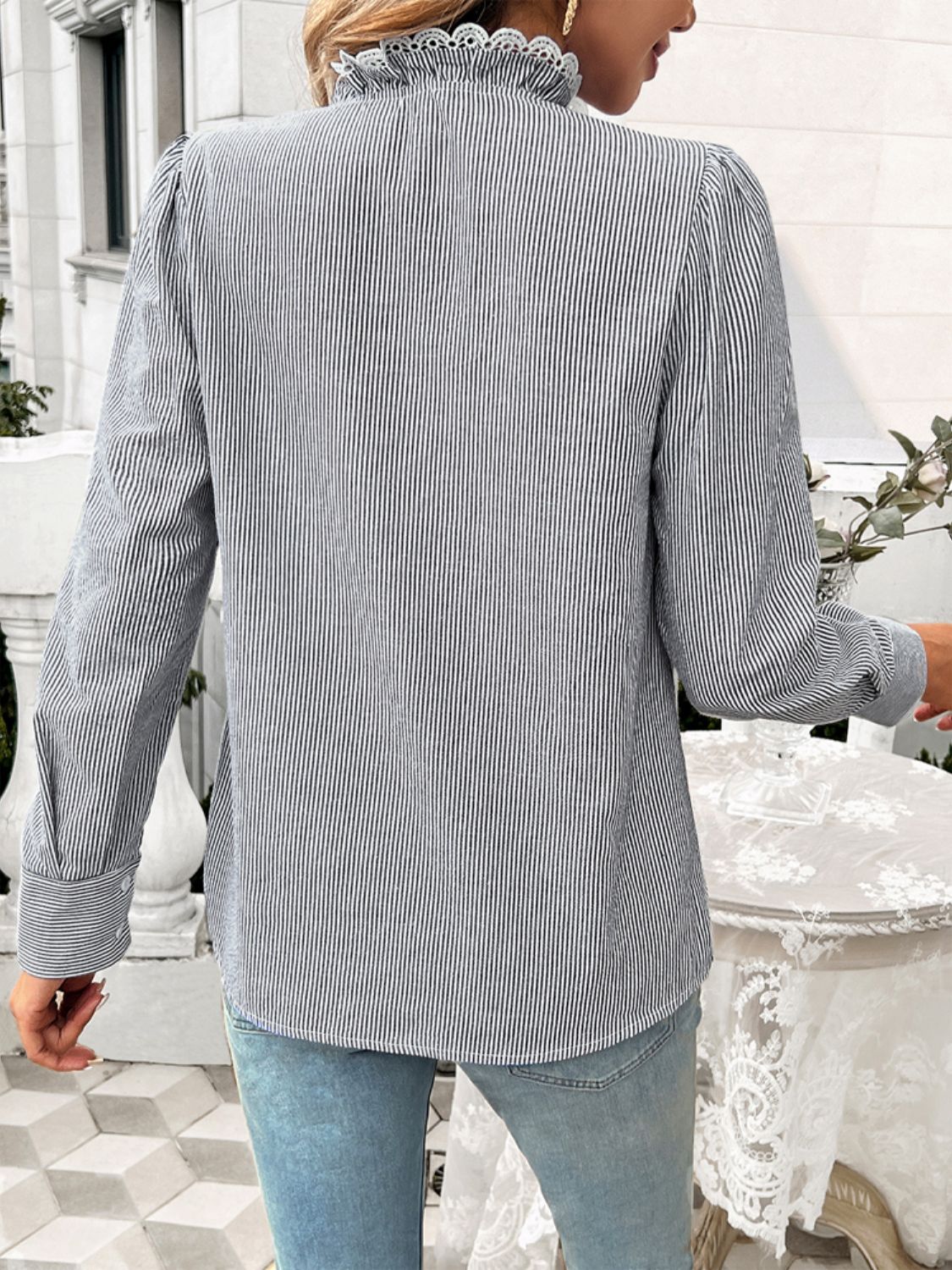 Lace Detail Ruffled Round Neck Long Sleeve Shirt - Charming Charlie