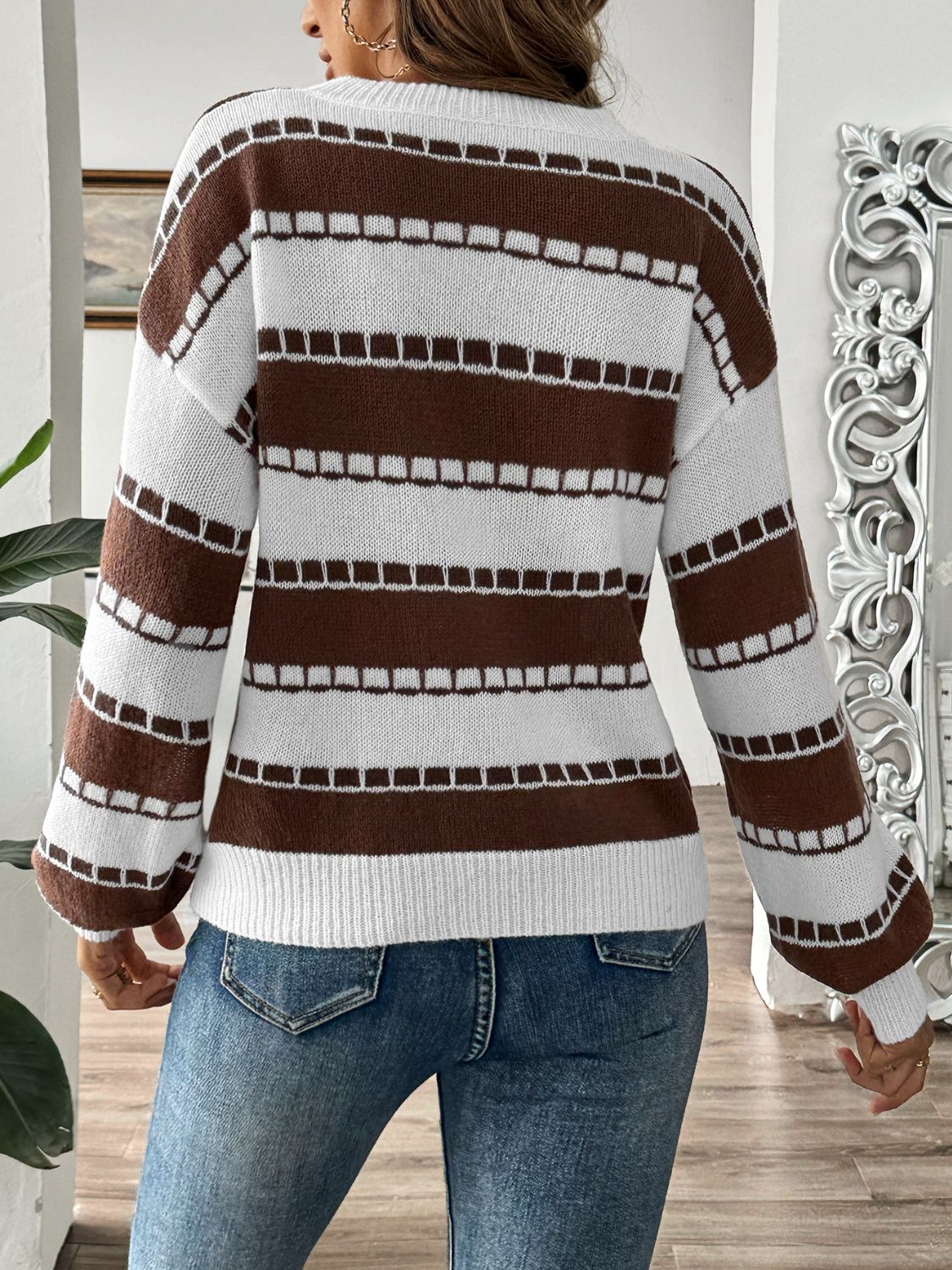 Striped Round Neck Long Sleeve Sweater - Charming Charlie