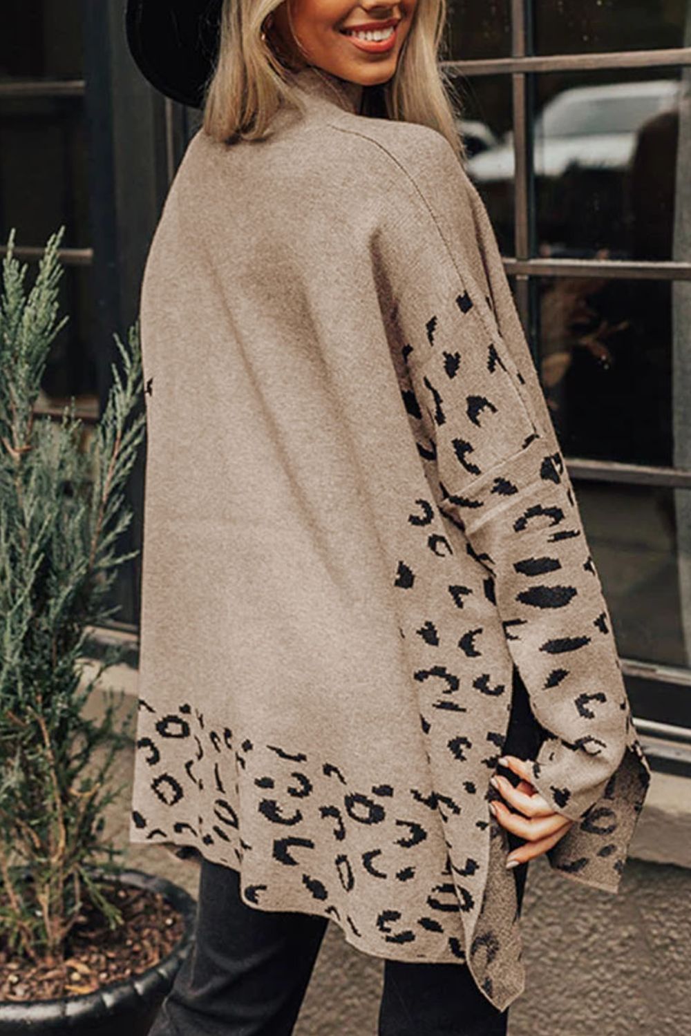 Slit Leopard Mock Neck Dropped Shoulder Sweater - Charming Charlie