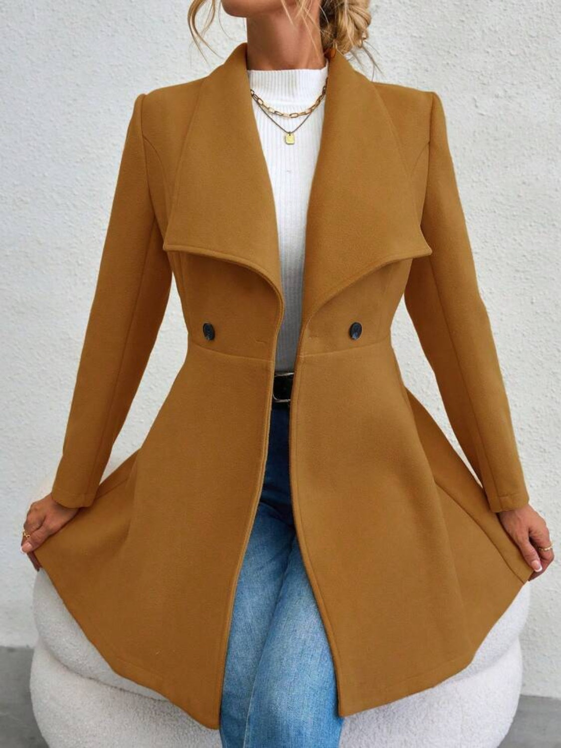 Collared Neck Button Up Long Sleeve Coat - Charming Charlie