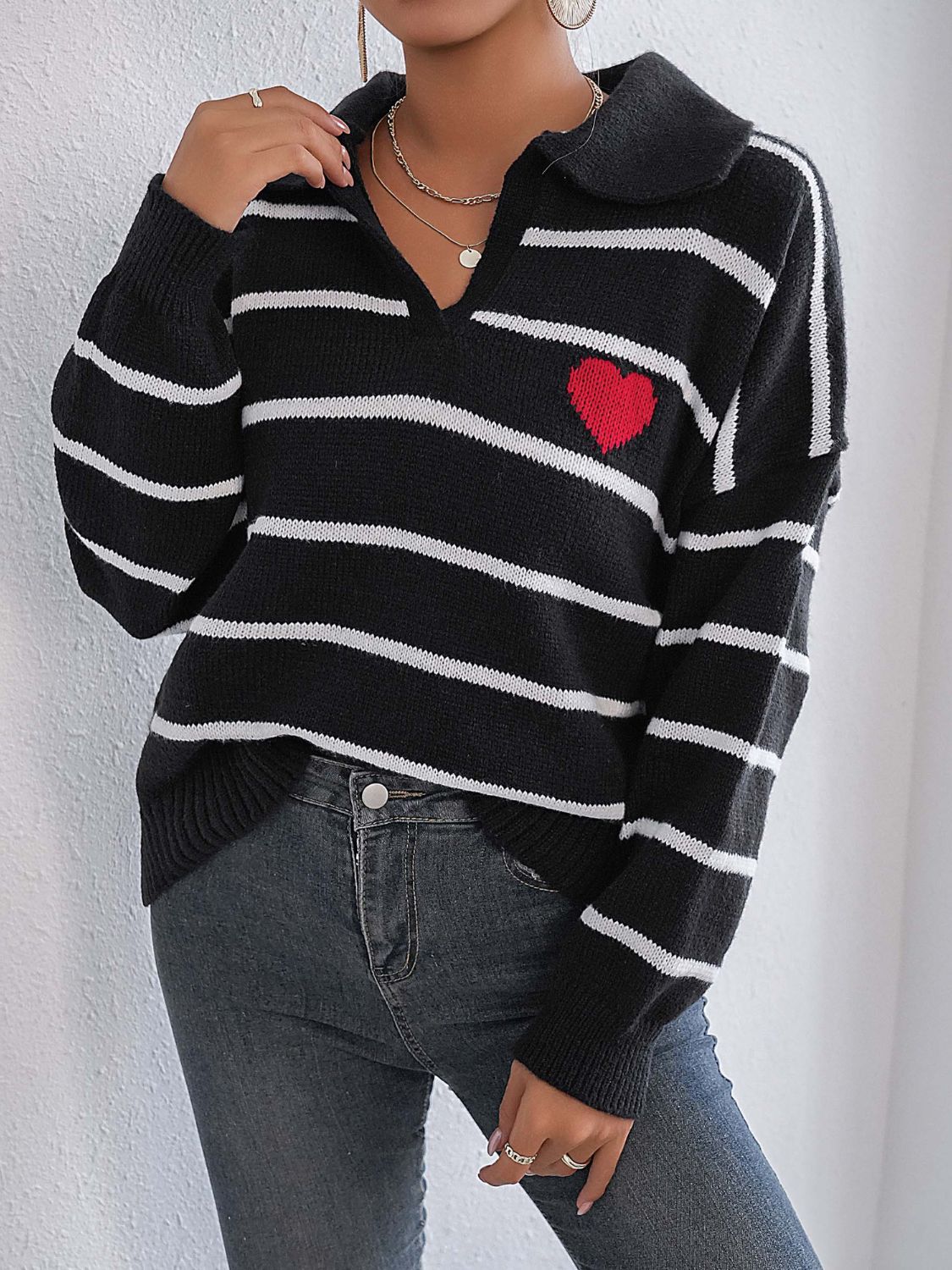 Striped Johnny Collar Long Sleeve Sweater - Charming Charlie