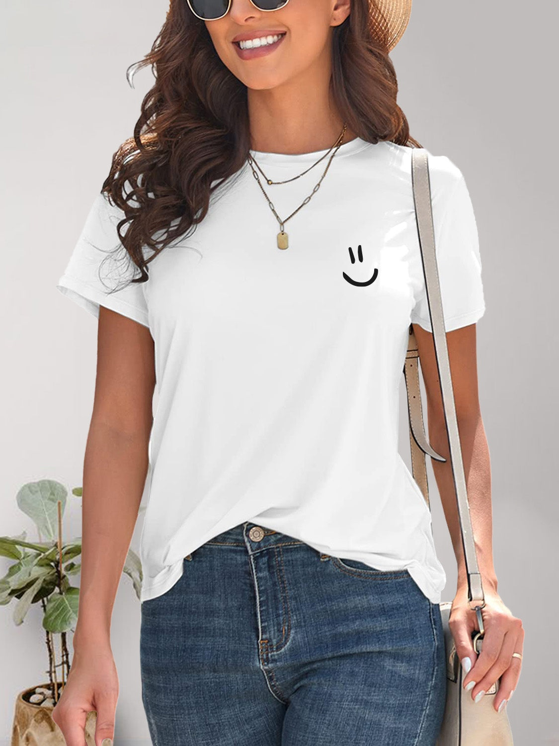 Smile Graphic Round Neck Short Sleeve T-Shirt - Charming Charlie
