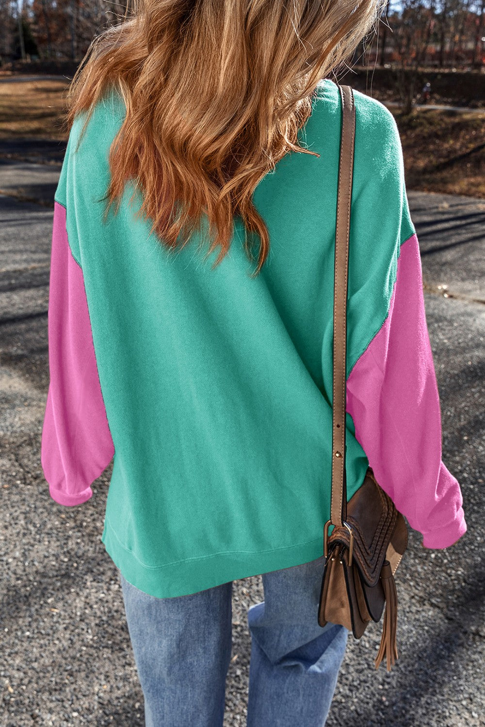 Contrast Round Neck Long Sleeve Sweatshirt - Charming Charlie