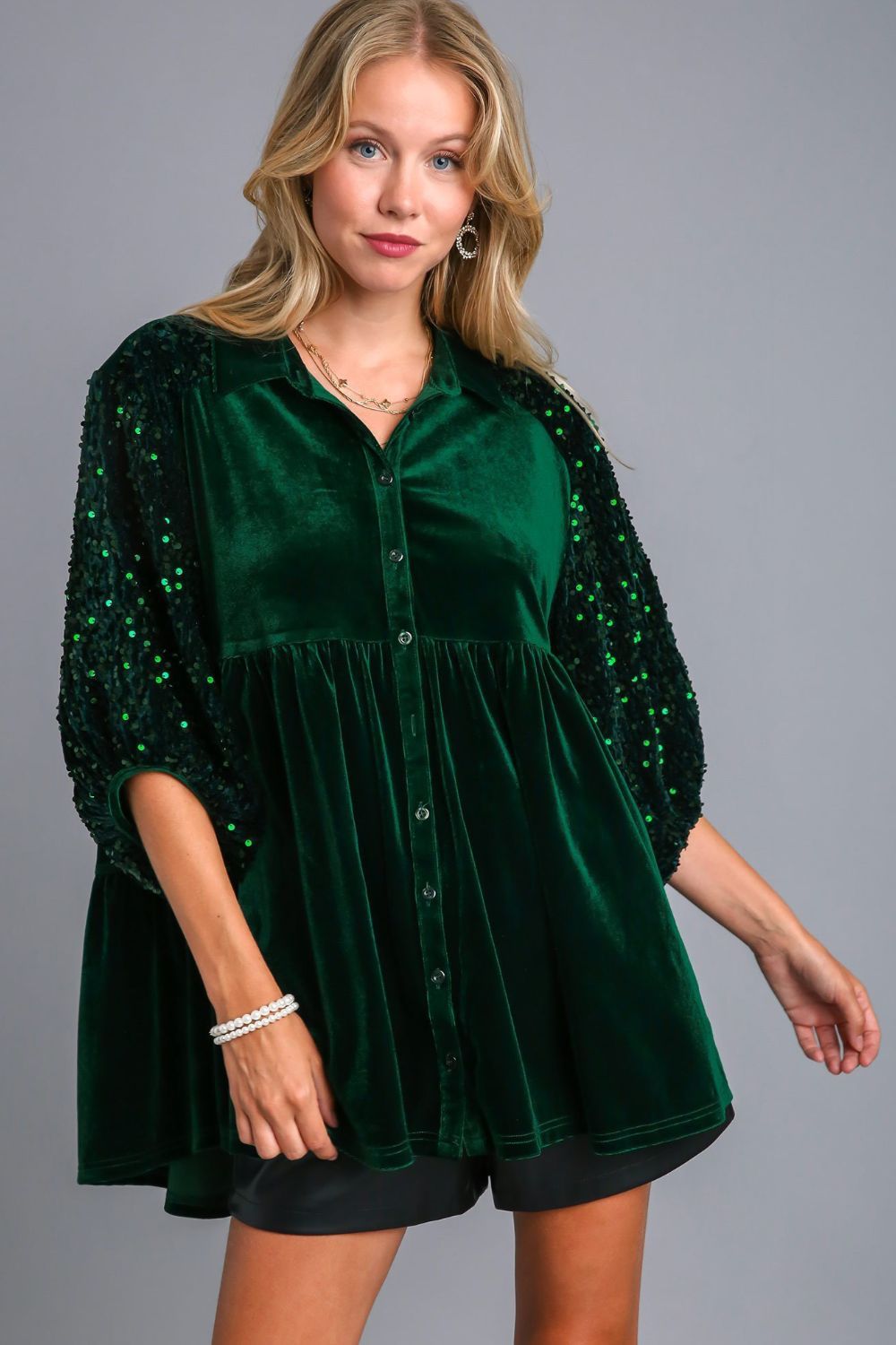 Umgee Sequin Detail Tiered Back Half Sleeve Shirt - Charming Charlie