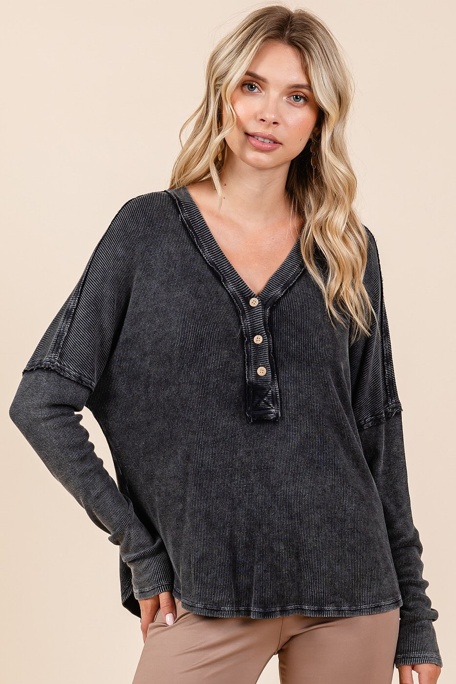 Mittoshop Washed V-Neck Long Sleeve Blouse - Charming Charlie