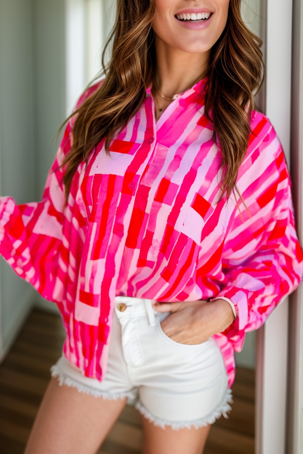 Color Block Collared Neck Long Sleeve Shirt - Charming Charlie