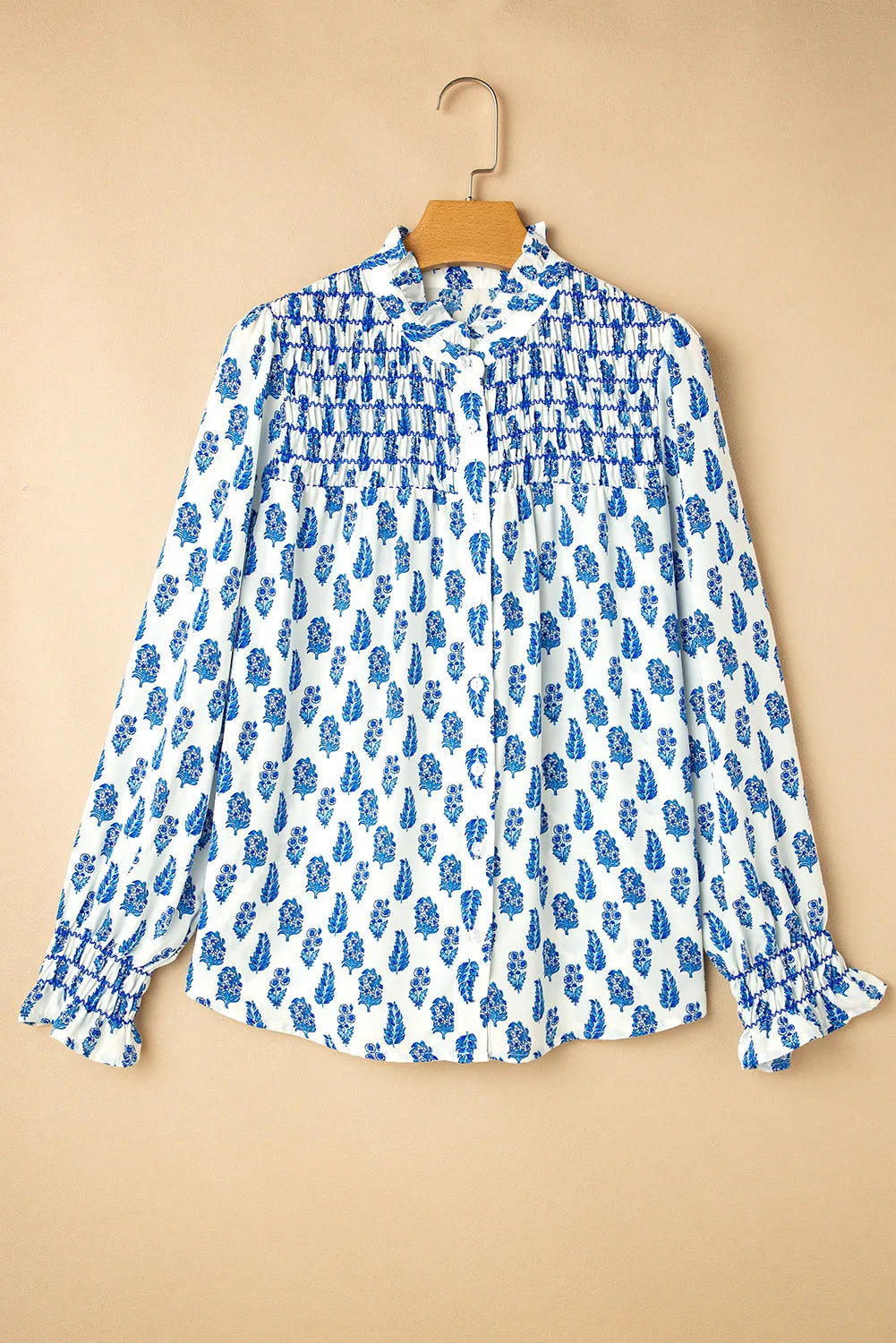 Frill Printed Button Up Long Sleeve Shirt - Charming Charlie