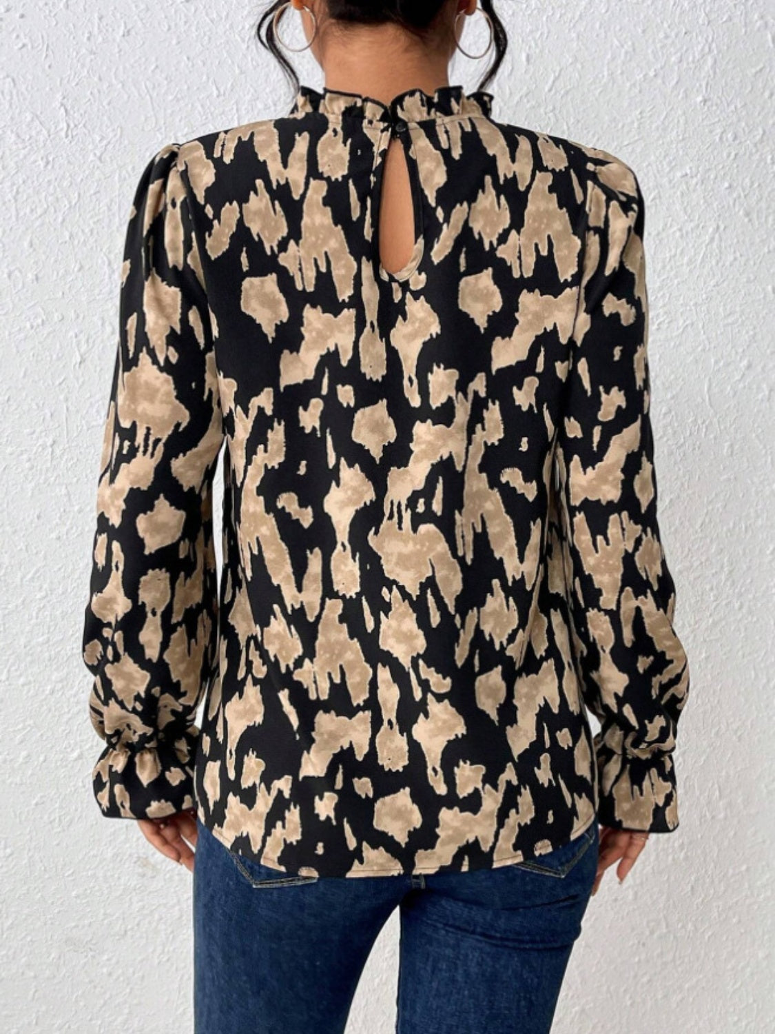 Frill Leopard Mock Neck Flounce Sleeve Blouse - Charming Charlie