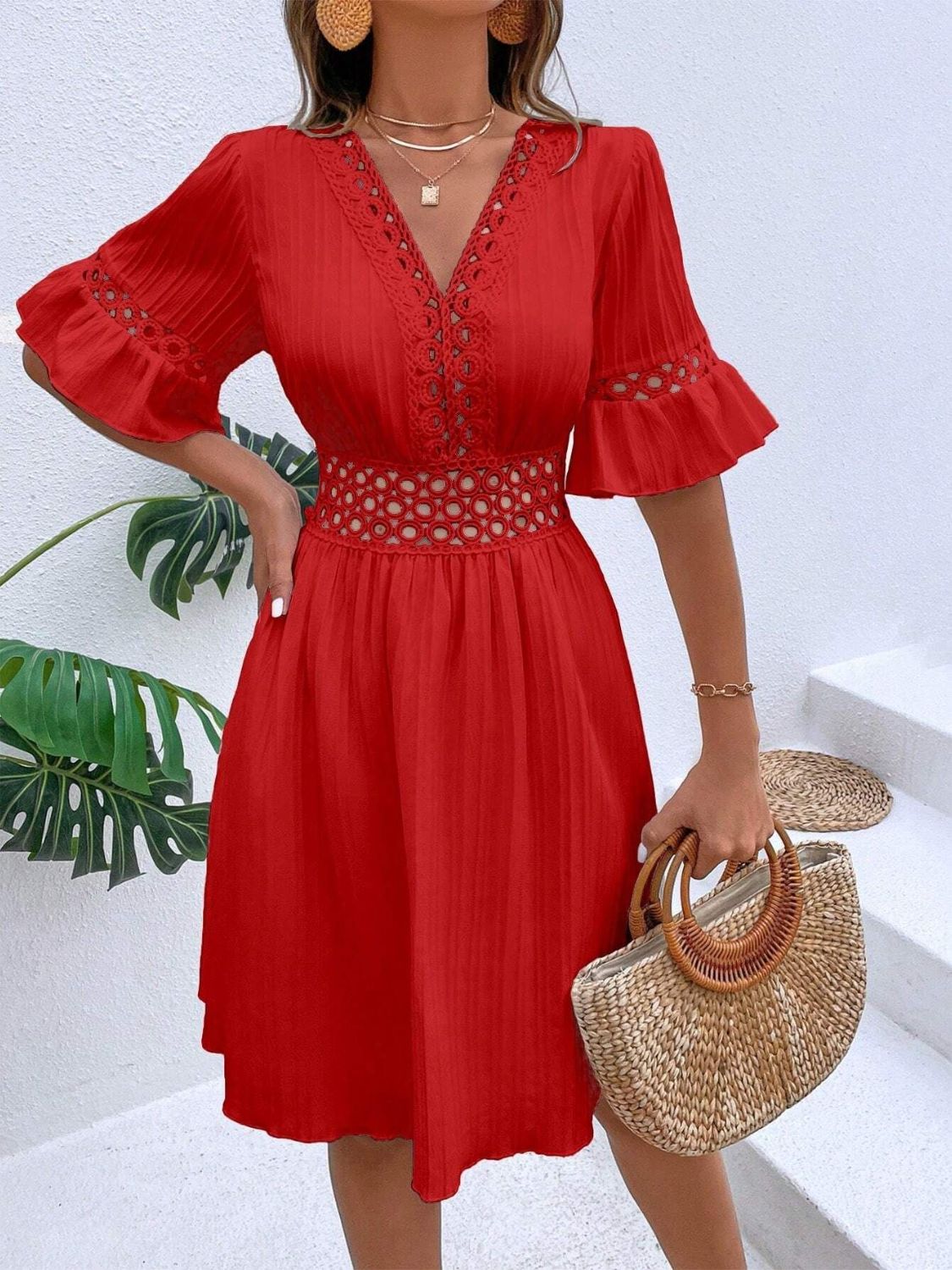 Cutout V-Neck Flounce Sleeve Mini Dress - Charming Charlie