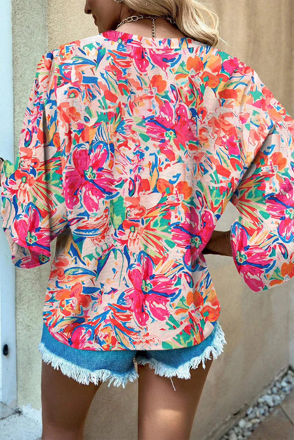 Printed Notched Long Sleeve Blouse - Charming Charlie