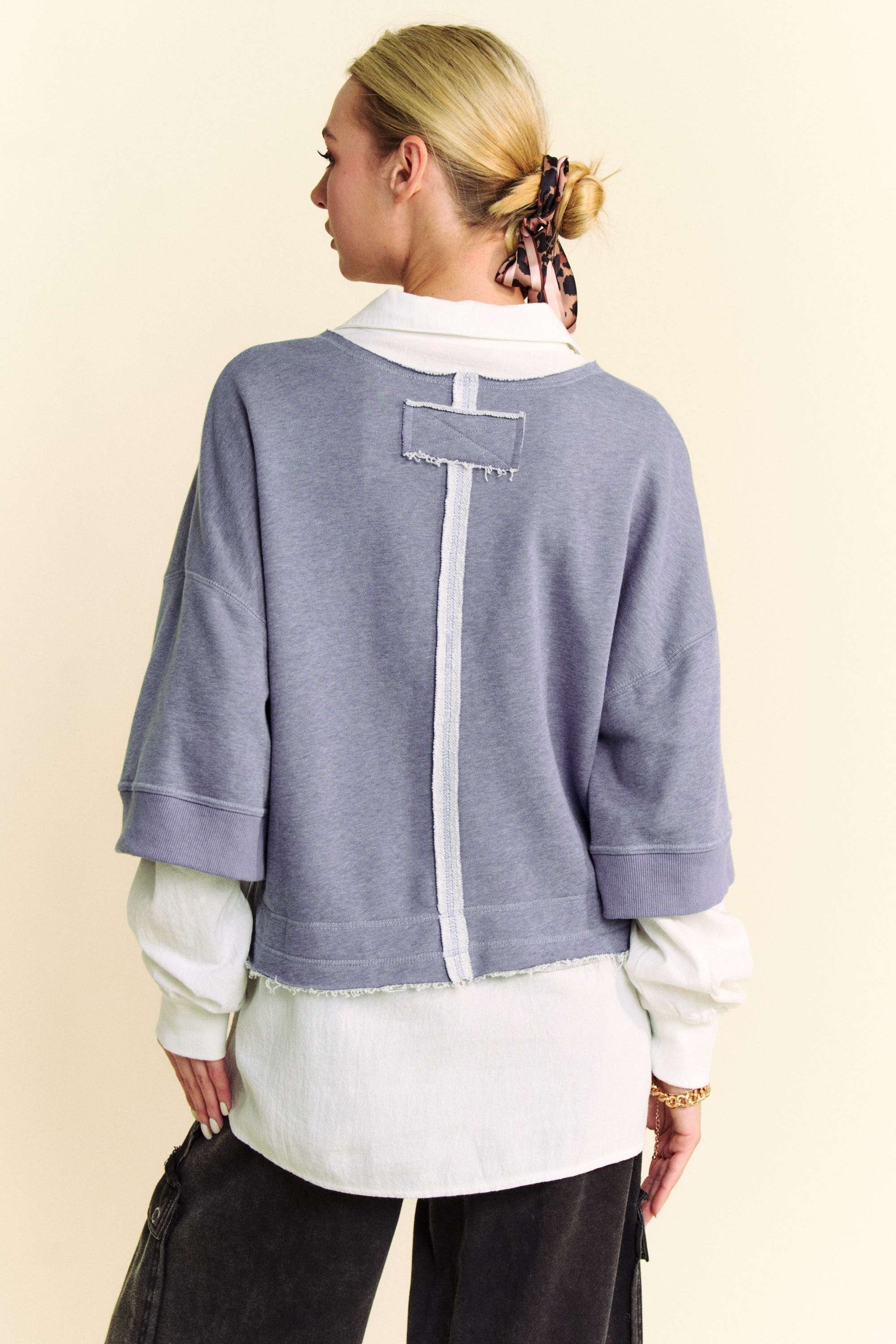 Davi & Dani Faux Layered French Terry Contrast Top - Charming Charlie
