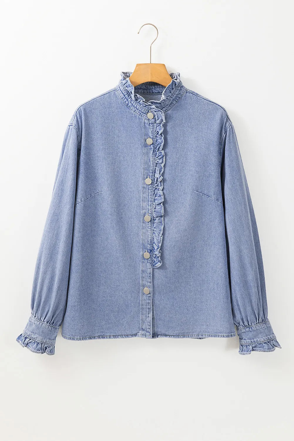 Frill Button Up Long Sleeve Denim Top - Charming Charlie