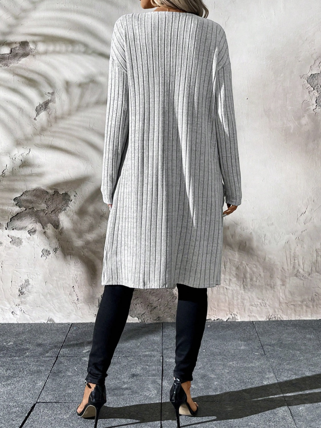 Ribbed Open Front Long Sleeve Cardigan with Pockets - Charming Charlie
