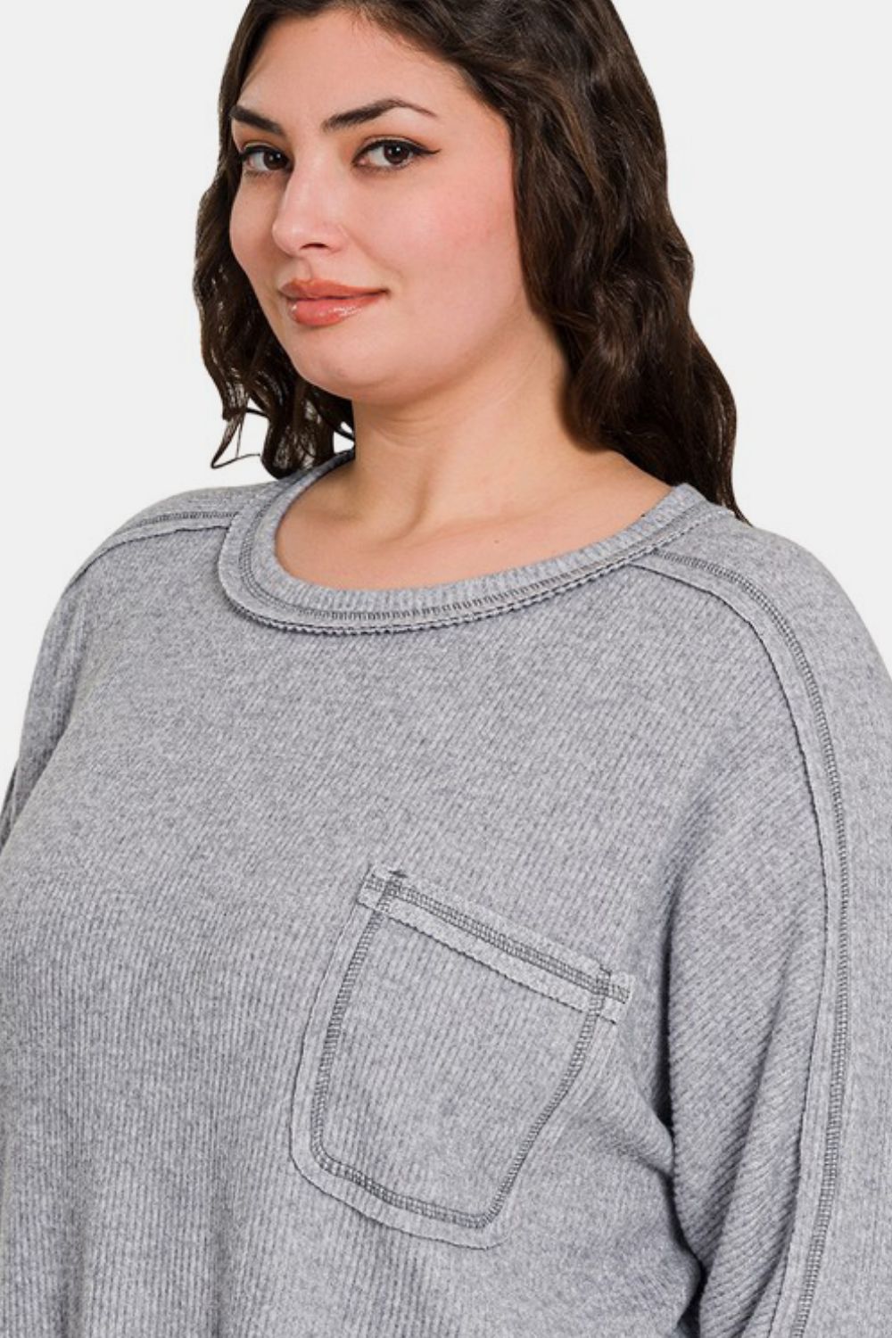 Zenana Full Size Contrast Stitching Brushed Ribbed Hacci Knit Top - Charming Charlie