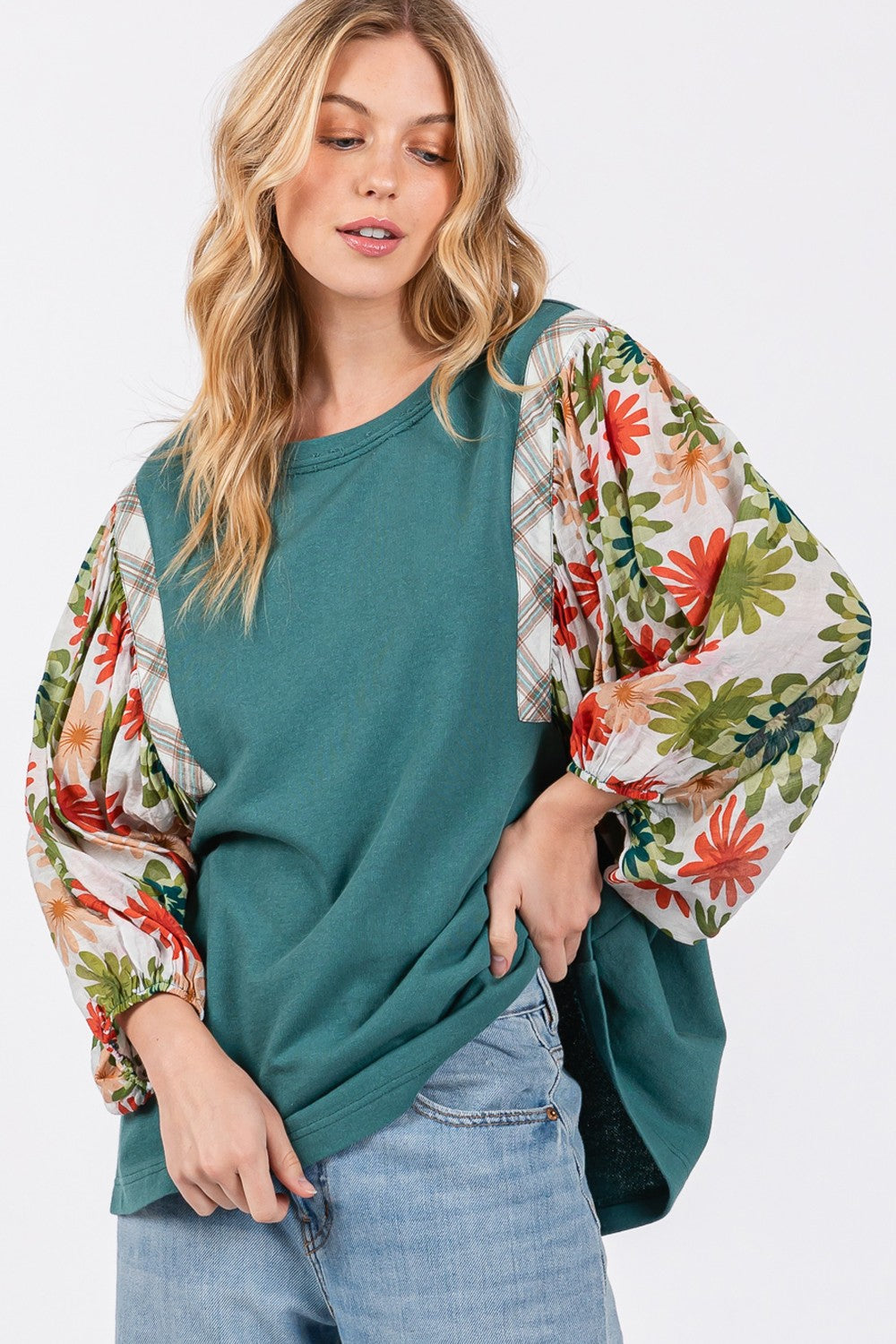 SAGE + FIG Full Size Printed Balloon Sleeve Contrast Top - Charming Charlie