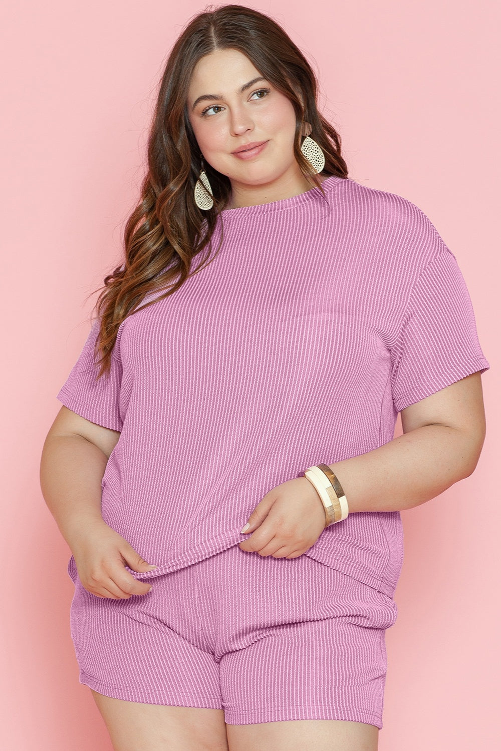 Plus Size Round Neck Short Sleeve Top and Shorts Set - Charming Charlie
