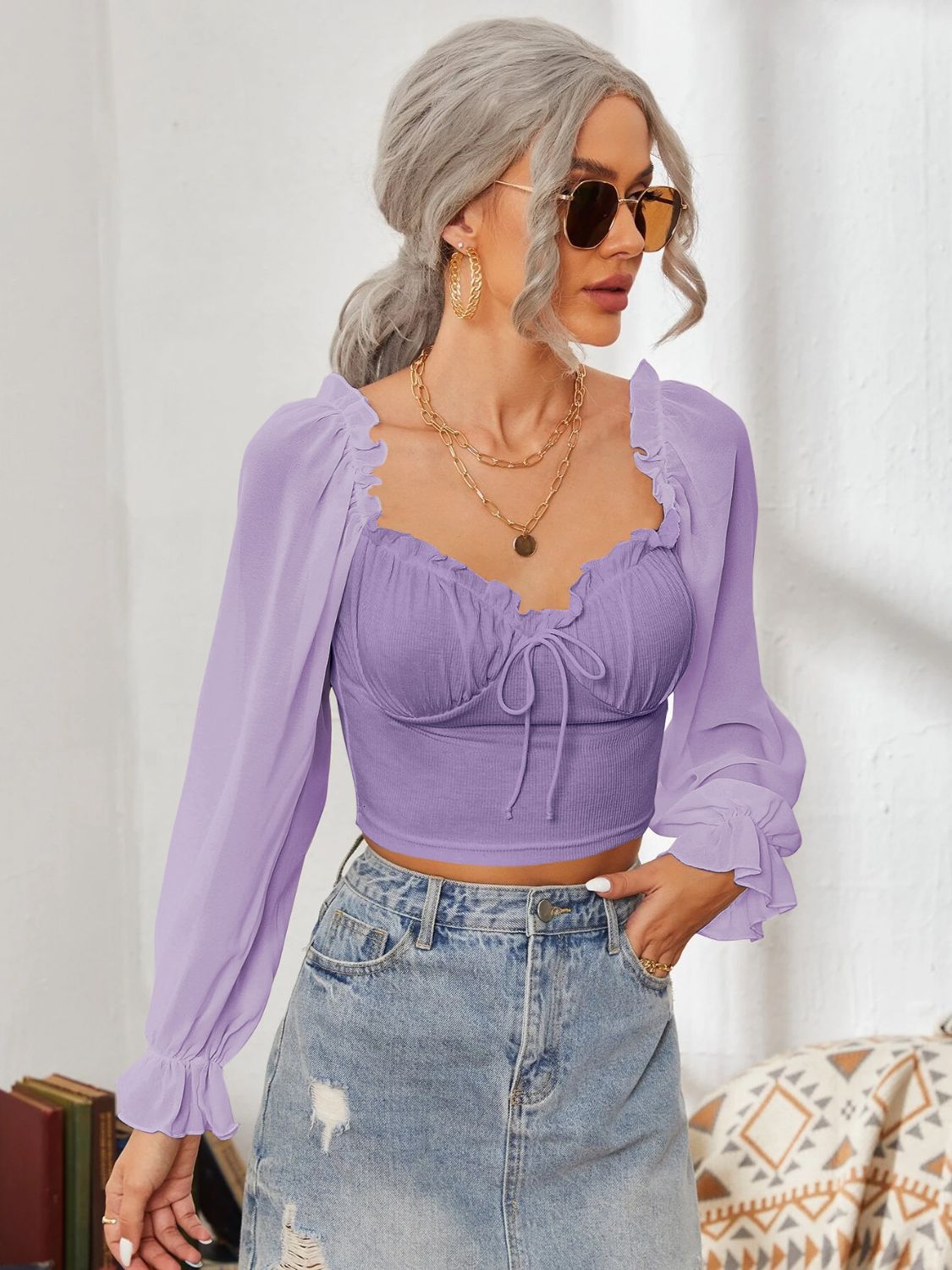 Mesh Sweetheart Neck Flounce Sleeve Top - Charming Charlie