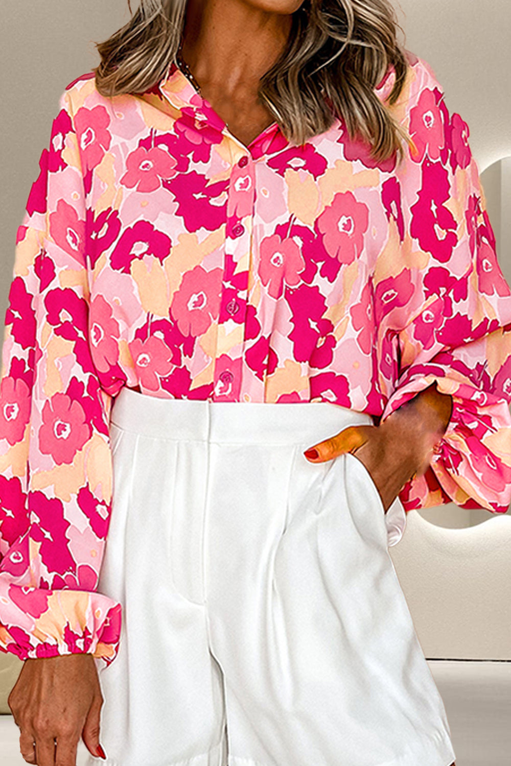 Printed Button Up Long Sleeve Blouse - Charming Charlie