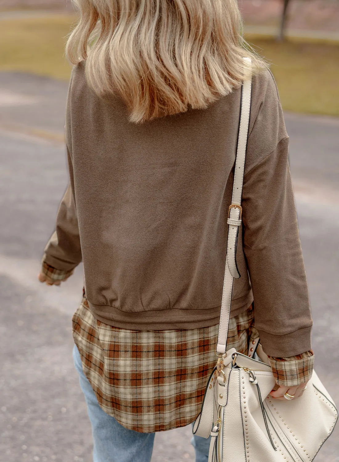 Drawstring Plaid Turtleneck Long Sleeve Top - Charming Charlie