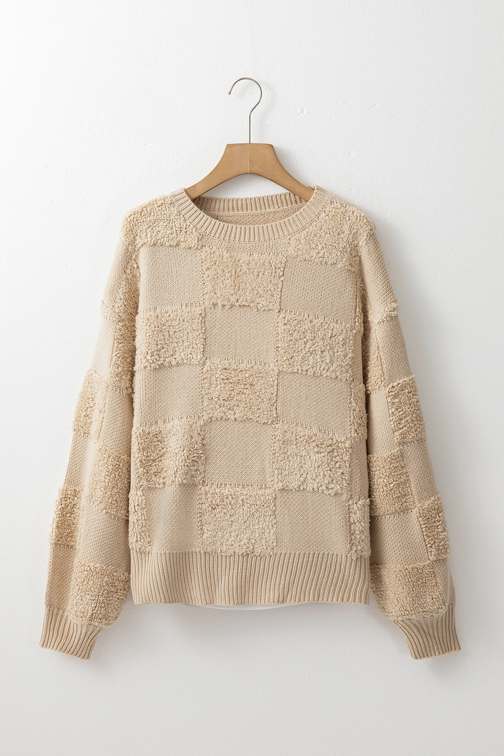 Checkered Round Neck Dropped Shoulder Sweater - Charming Charlie