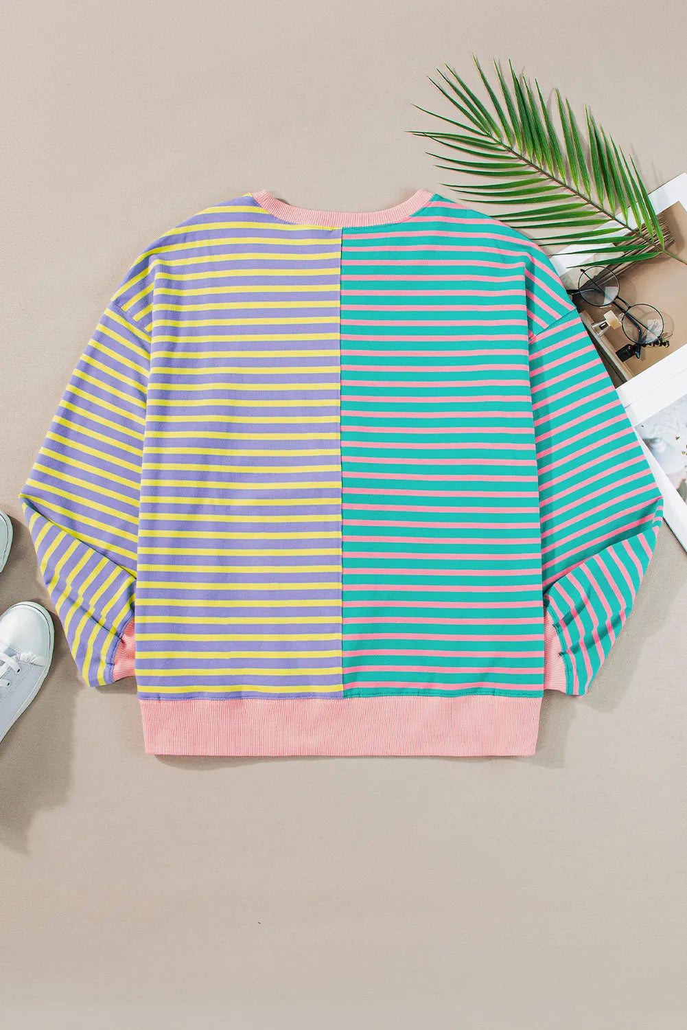 Contrast Stripes Round Neck Long Sleeve Sweatshirt - Charming Charlie