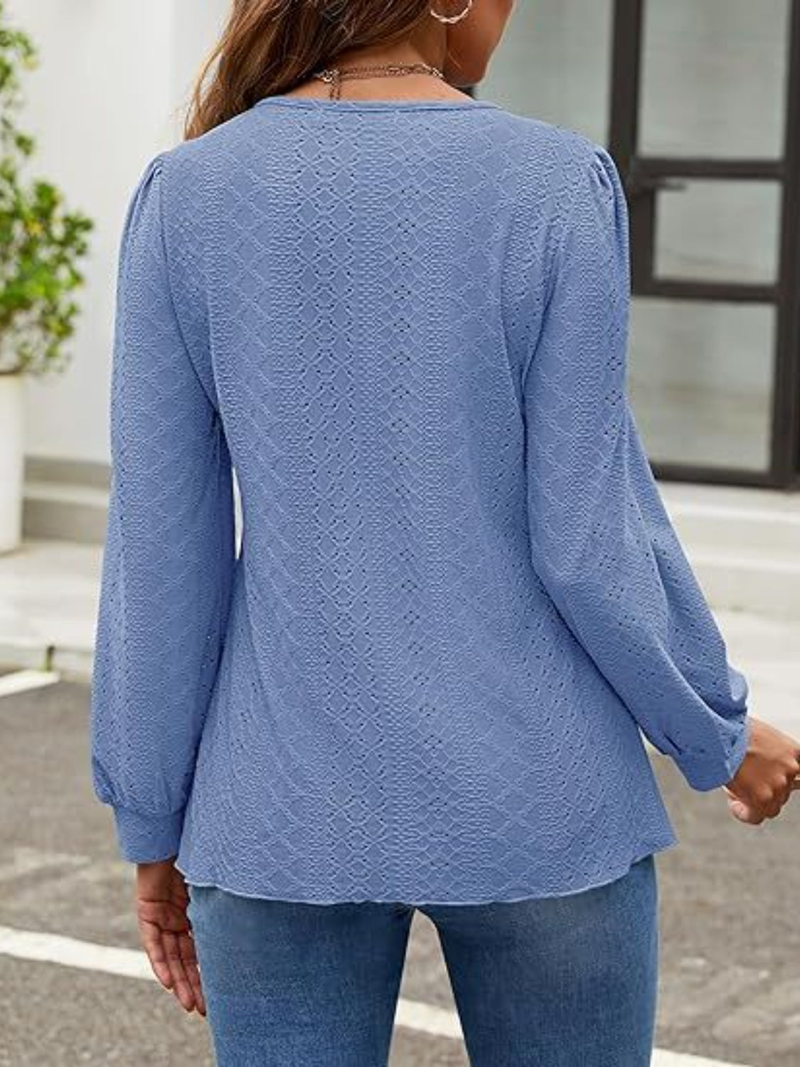 Eyelet Round Neck Long Sleeve Top - Charming Charlie