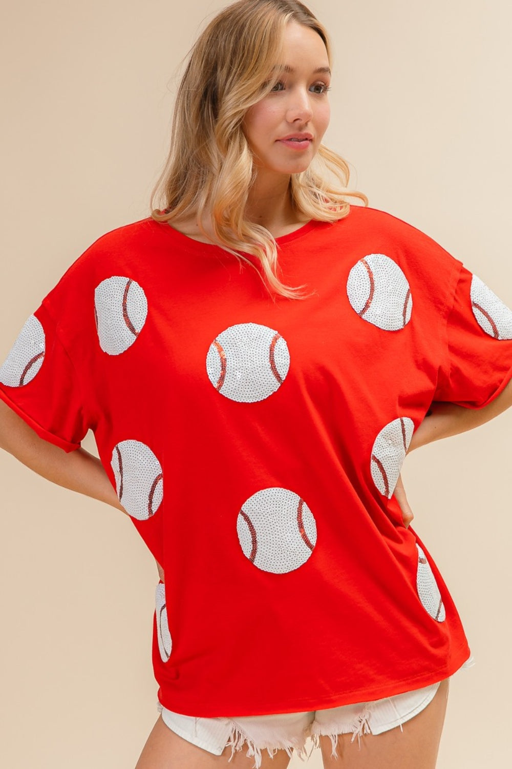 BiBi Sequin Baseball Drop Shoulder Short Sleeve T-Shirt - Charming Charlie