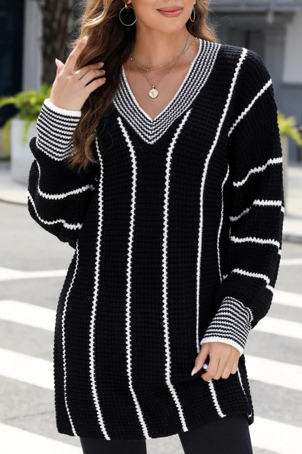 Striped V-Neck Long Sleeve Sweater - Charming Charlie