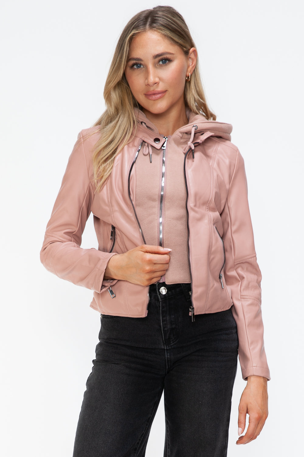 Snobbish Faux Leather Zip Up Drawstring Hooded Jacket - Charming Charlie