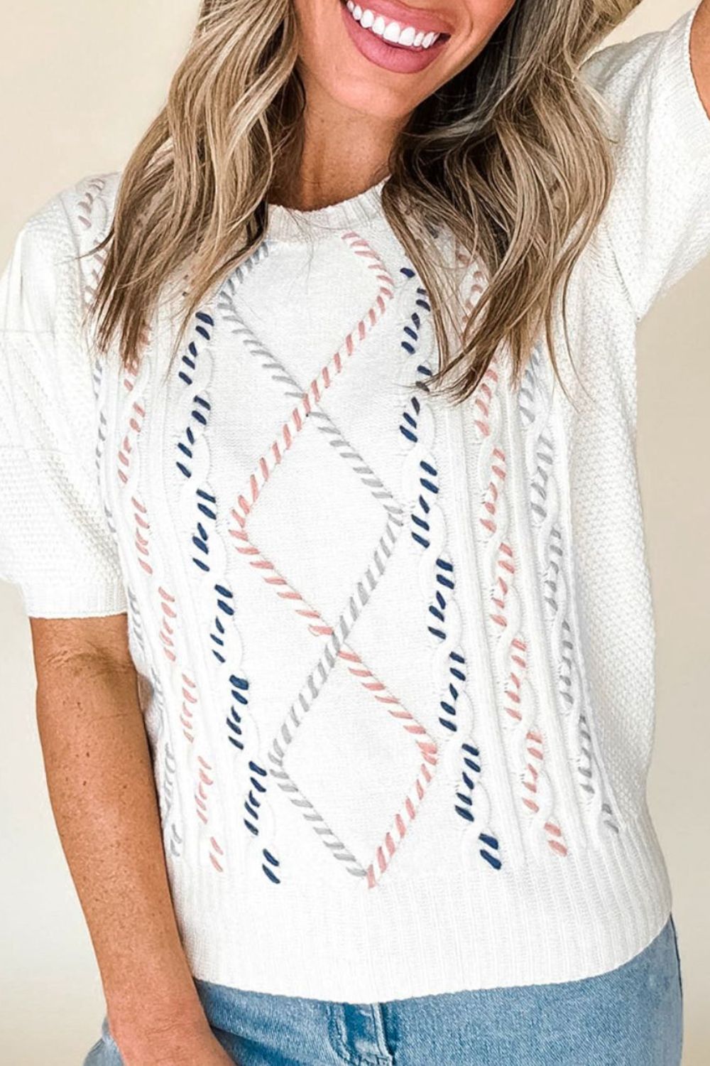 Cable Knit Round Neck Half Sleeve Sweater - Charming Charlie