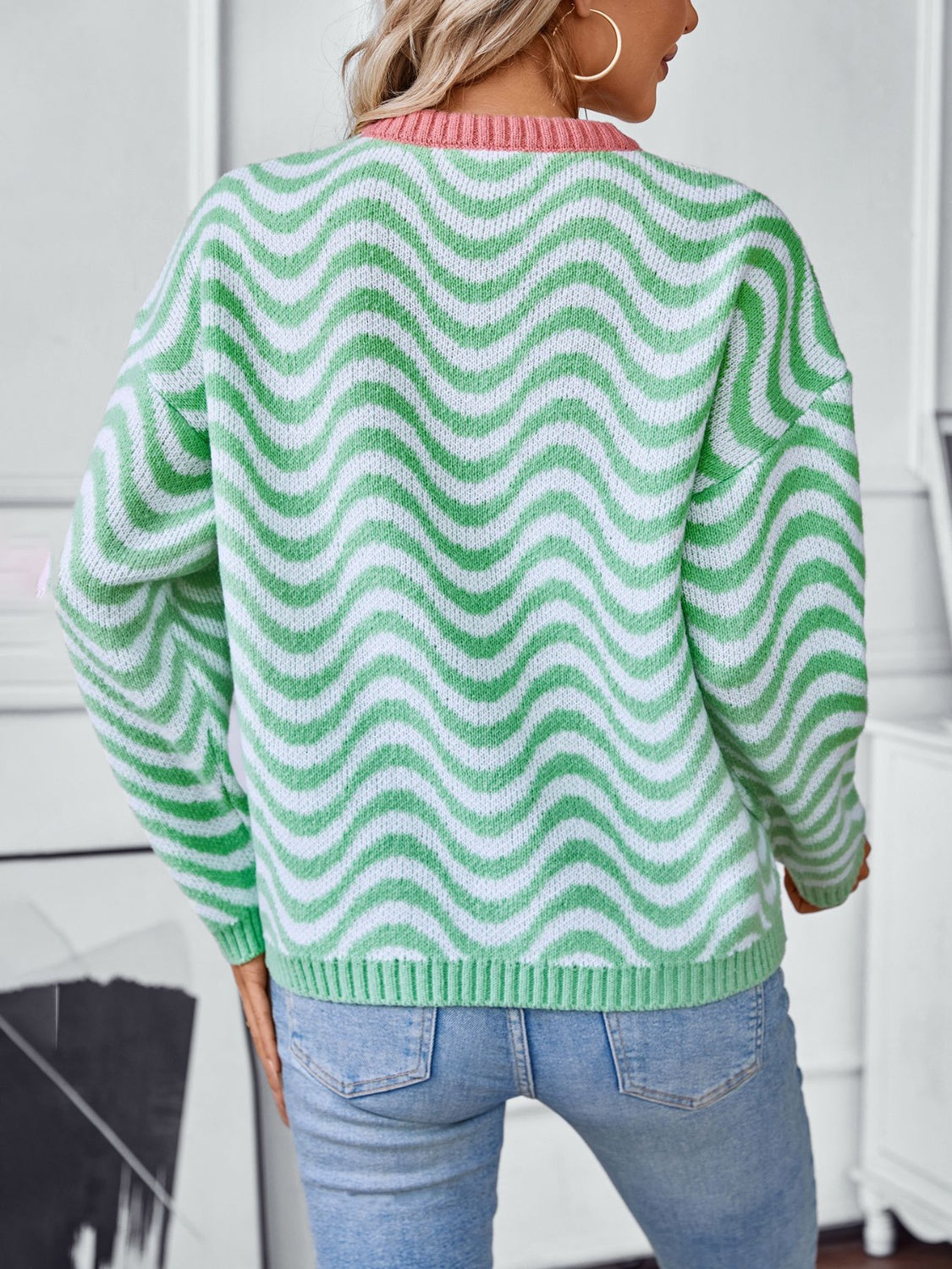 Wavy Stripes Round Neck Long Sleeve Sweater - Charming Charlie