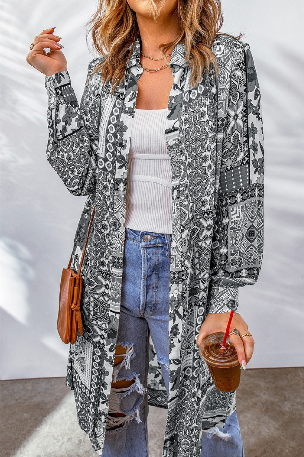 Printed Button Up Long Sleeve Cardigan - Charming Charlie