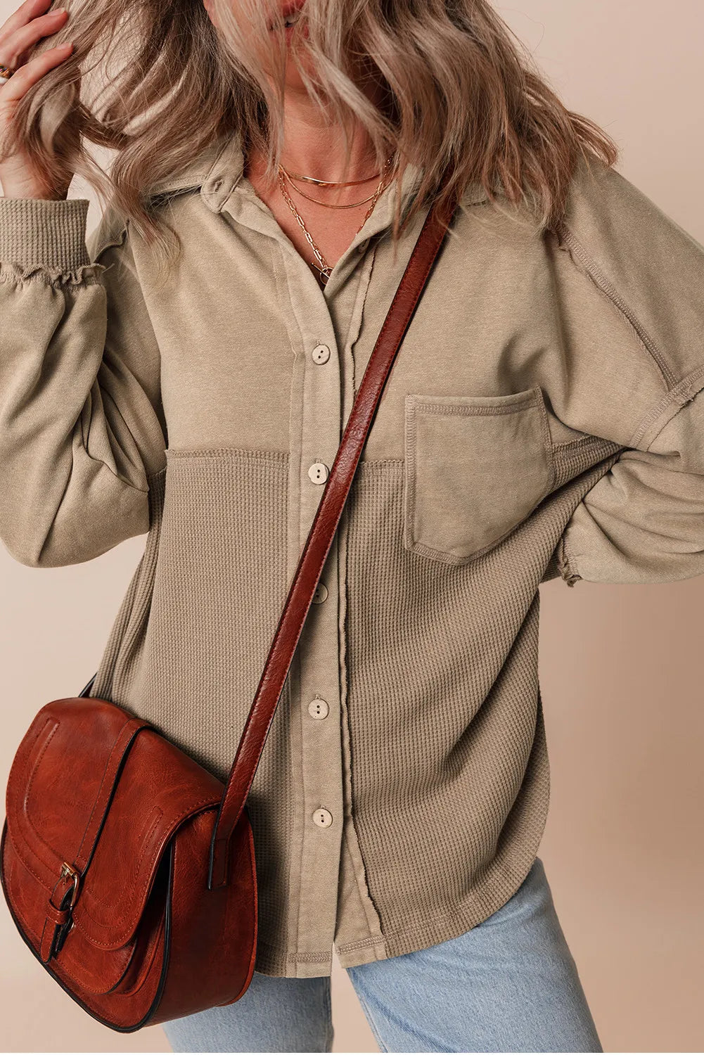 Waffle-Knit Collared Neck Long Sleeve Shacket - Charming Charlie