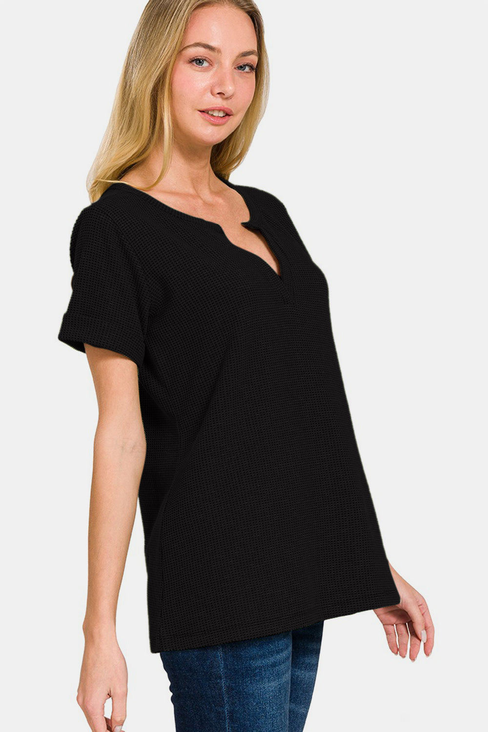 Zenana Notched Short Sleeve Waffle T-Shirt - Charming Charlie