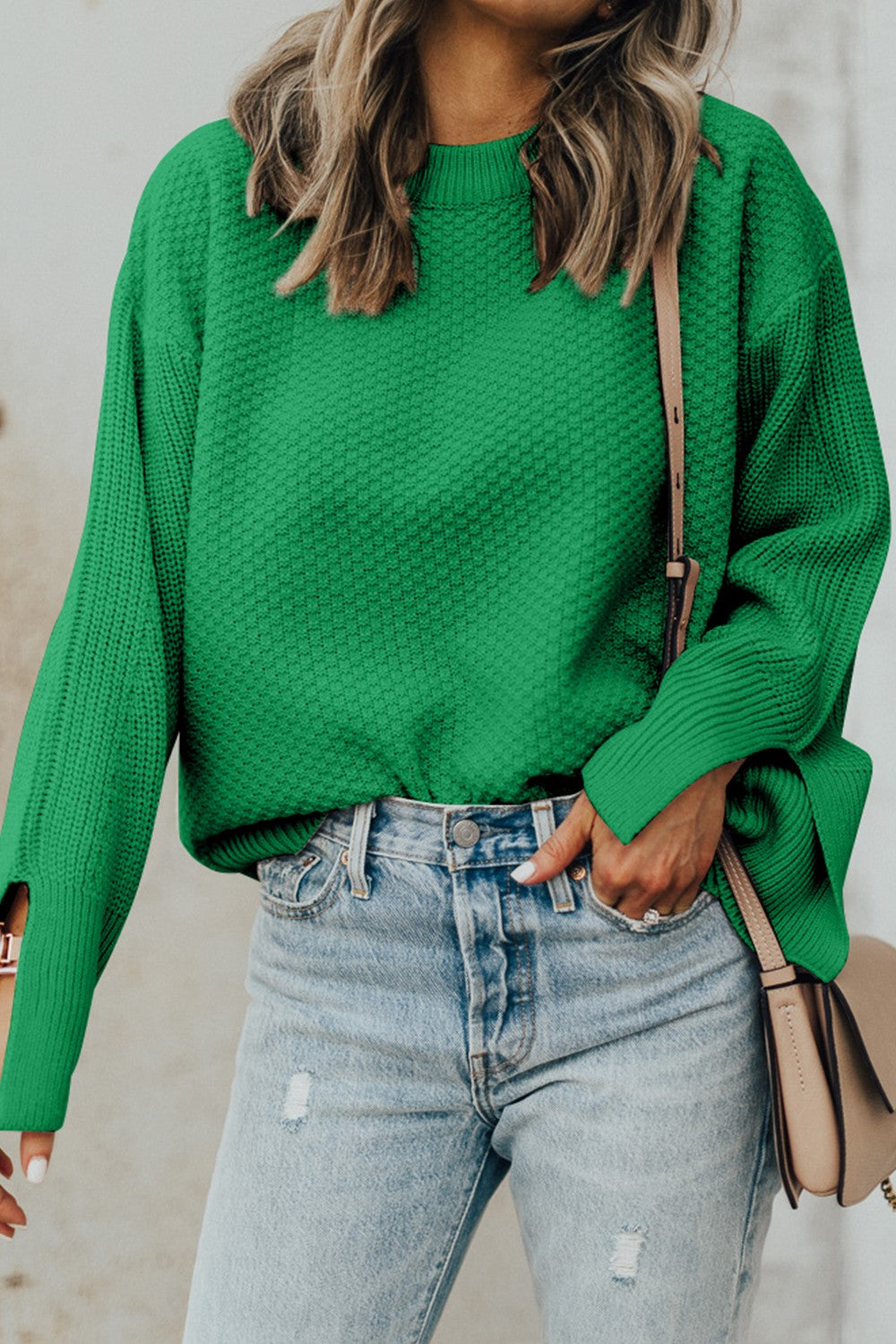 Textured Round Neck Long Sleeve Sweater - Charming Charlie