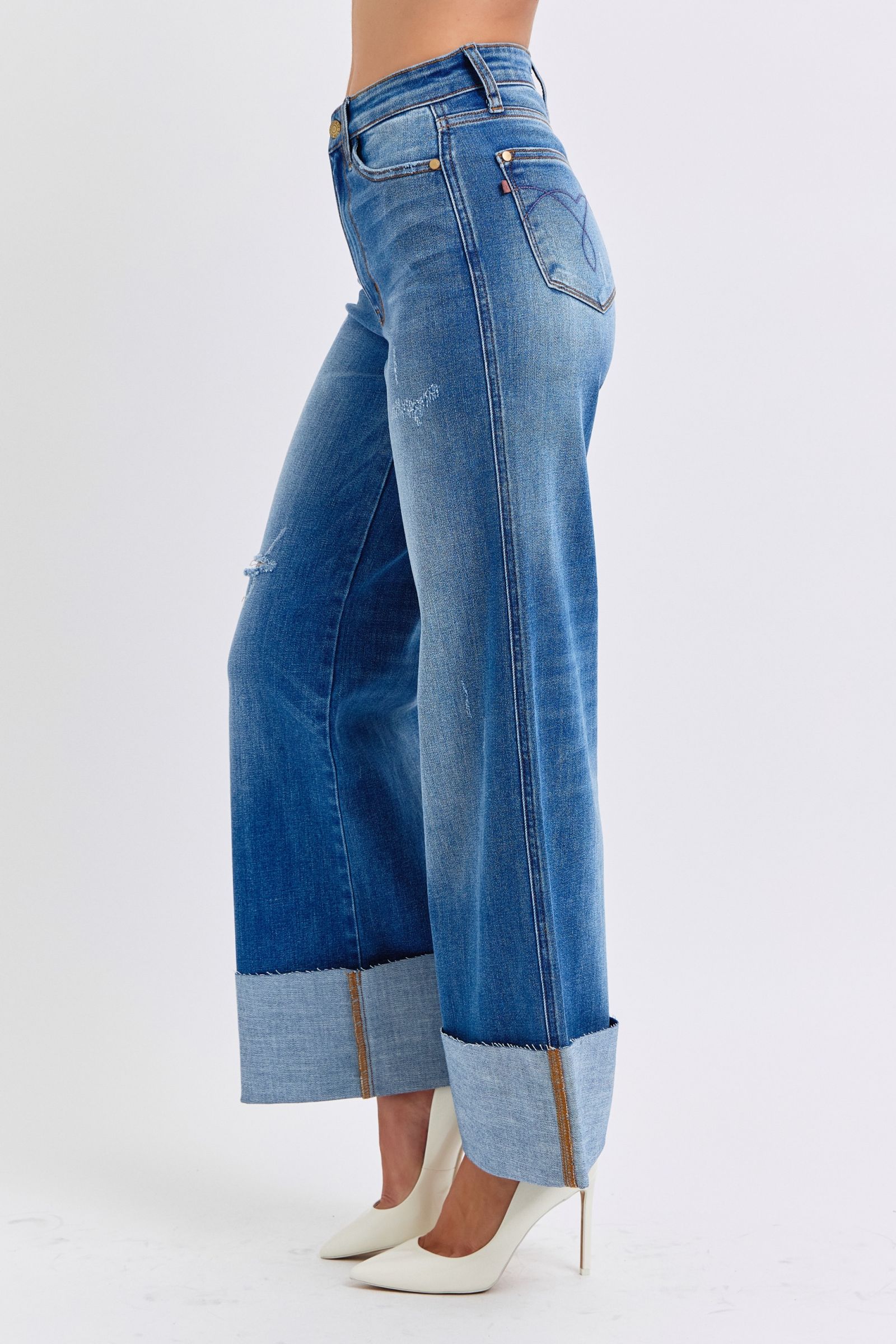 Judy Blue Full Size Distressed High Waist Wide Leg Jeans - Charming Charlie