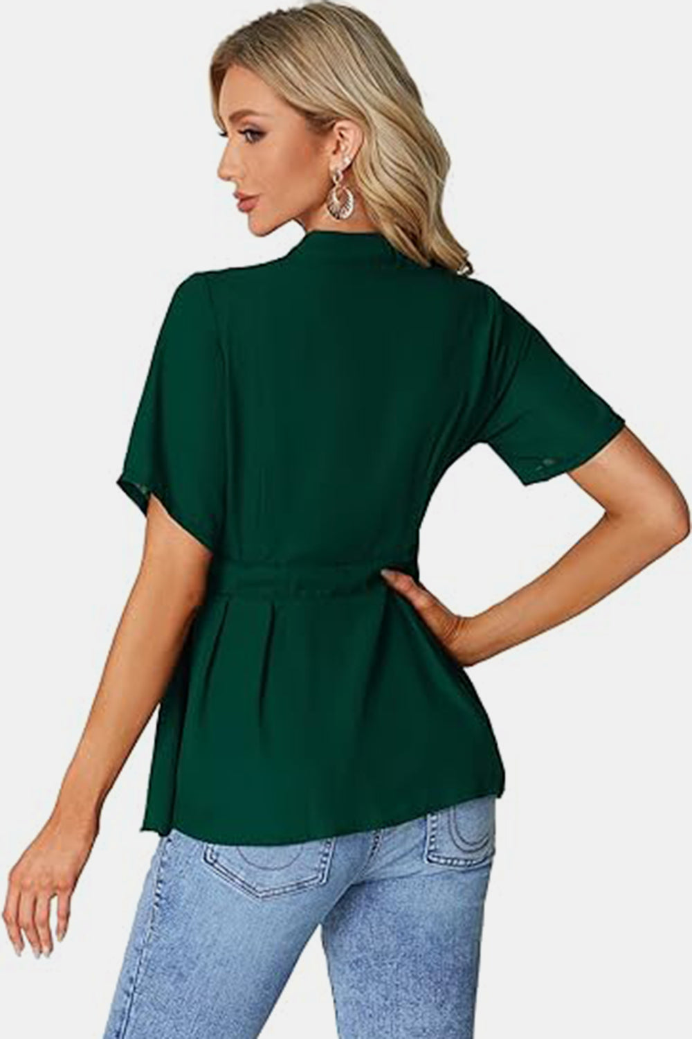 Tied Round Neck Short Sleeve Blouse - Charming Charlie