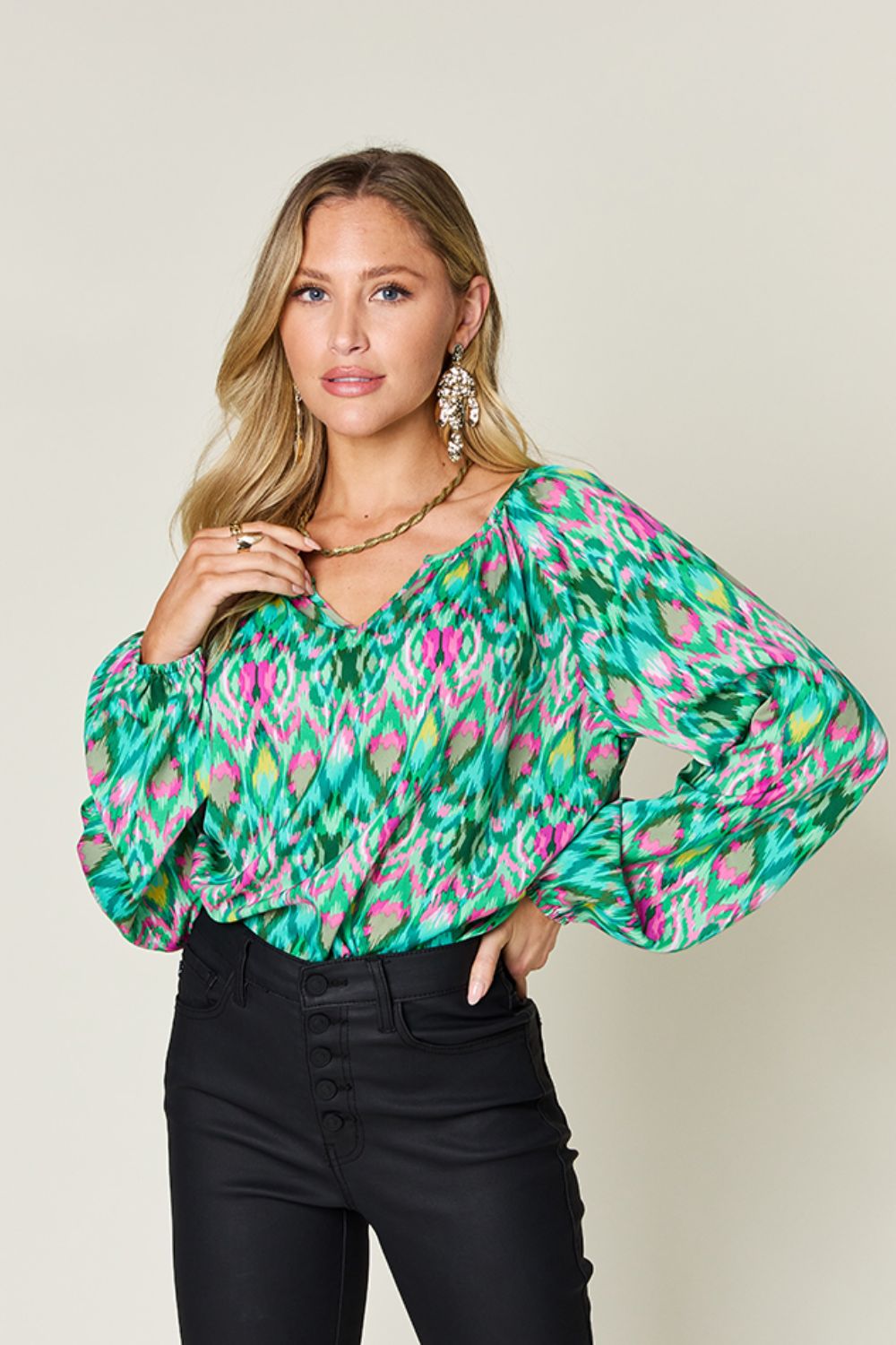 Double Take Full Size Printed Balloon Sleeve Blouse - Charming Charlie