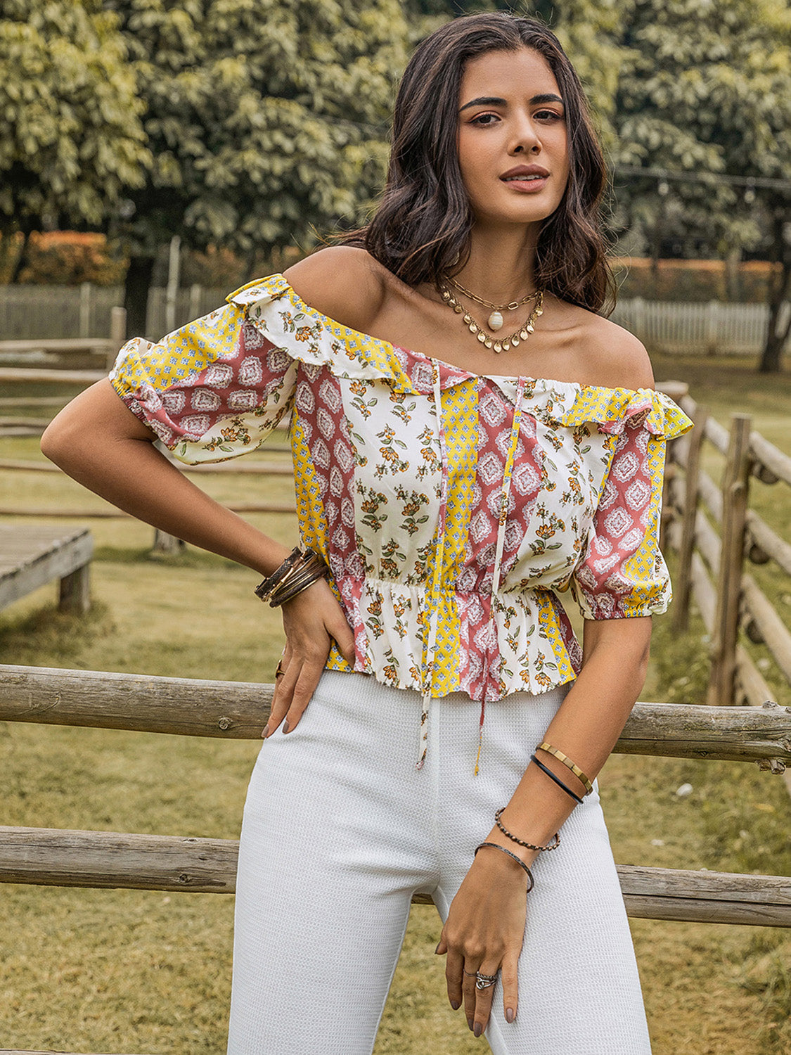 Ruffled Printed Off-Shoulder Short Sleeve Blouse - Charming Charlie