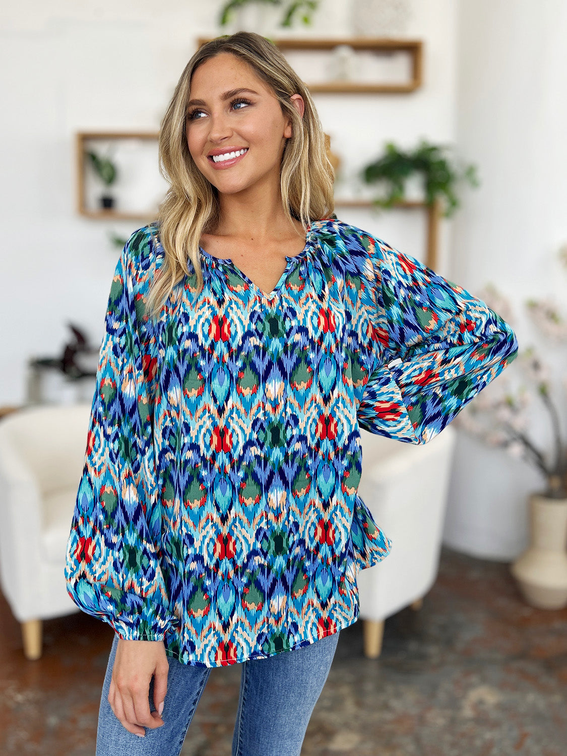 Double Take Full Size Printed Balloon Sleeve Blouse - Charming Charlie