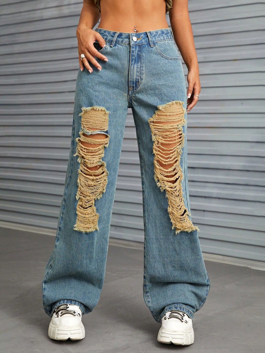 Distressed Wide Leg Jeans with Pockets - Charming Charlie