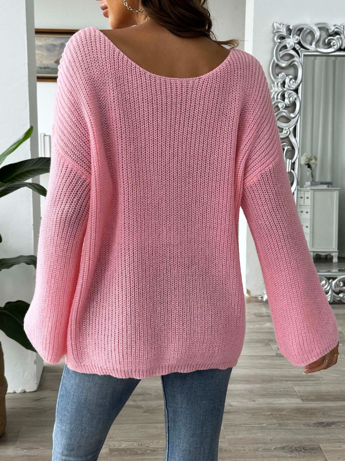 Flower Round Neck Long Sleeve Sweater - Charming Charlie