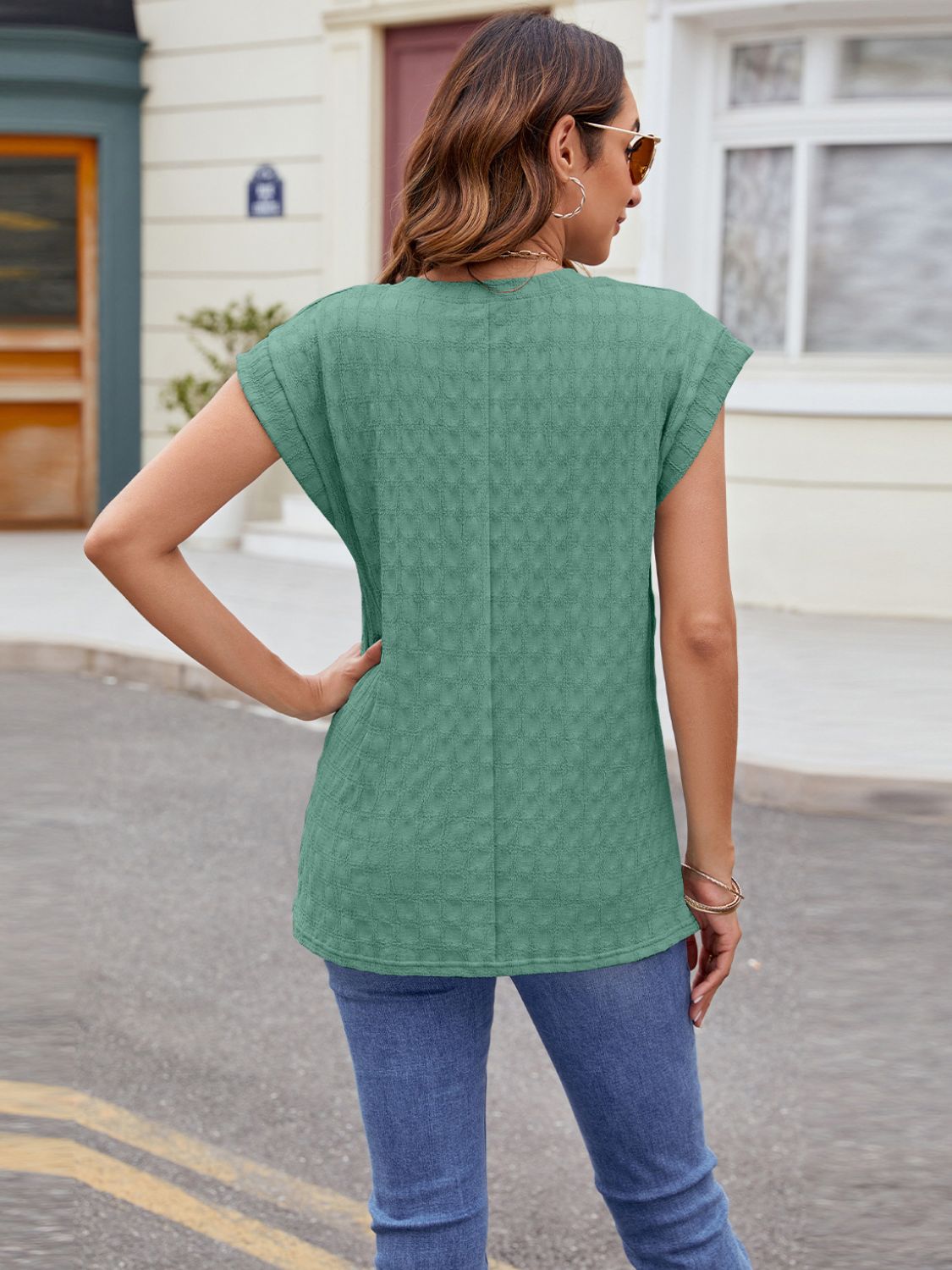 Textured Round Neck Cap Sleeve T-Shirt - Charming Charlie