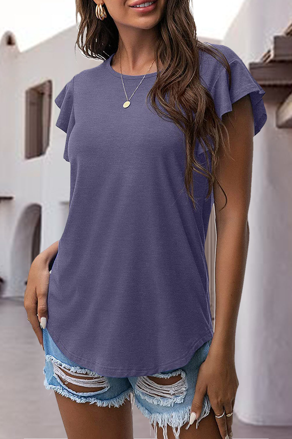 Ruffled Round Neck Cap Sleeve Blouse - Charming Charlie