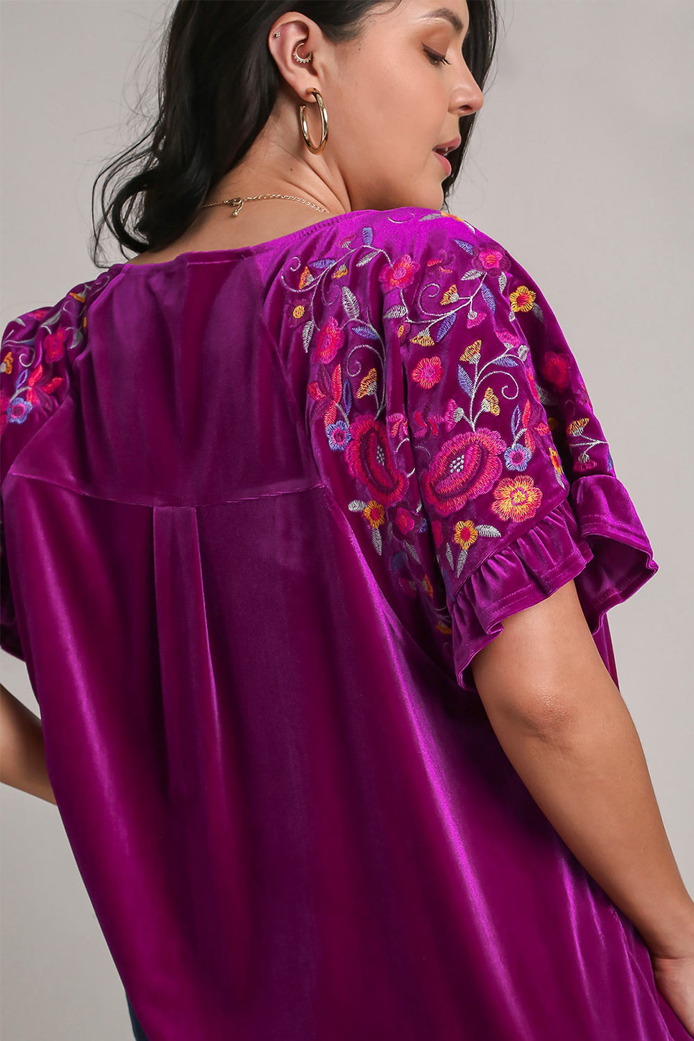 Umgee Full Size Velvet Embroidery Short Sleeve Blouse - Charming Charlie