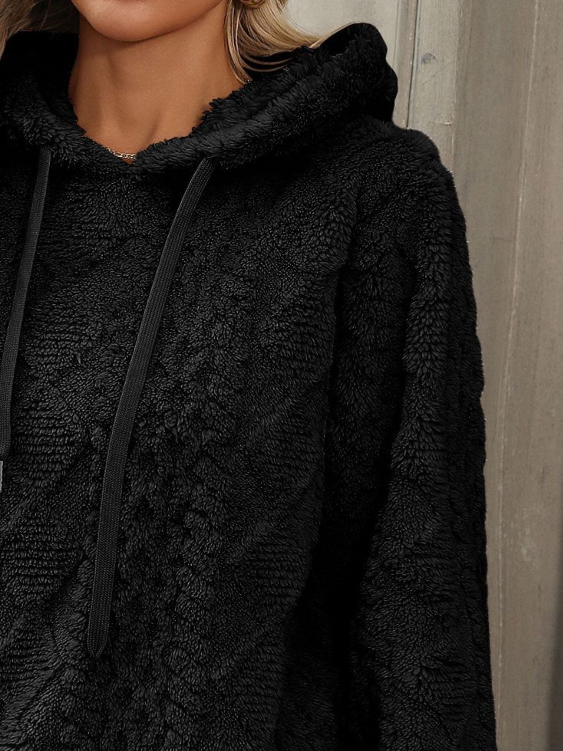 Drawstring Long Sleeve Plush Hoodie - Charming Charlie