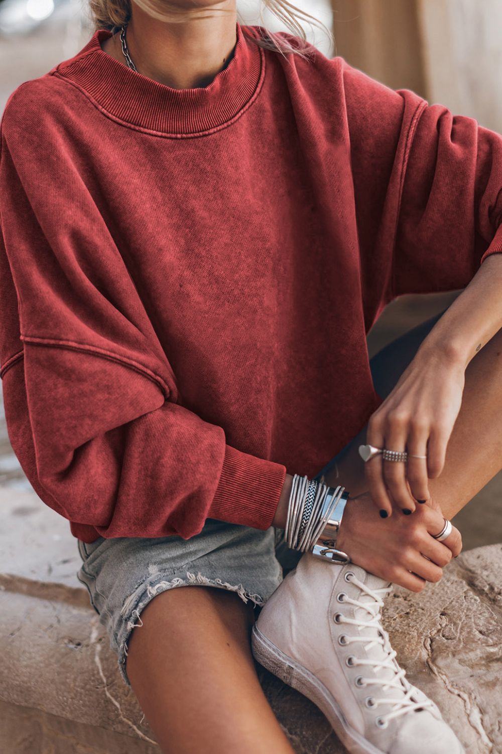 Mock Neck Dropped Shoulder Sweatshirt - Charming Charlie