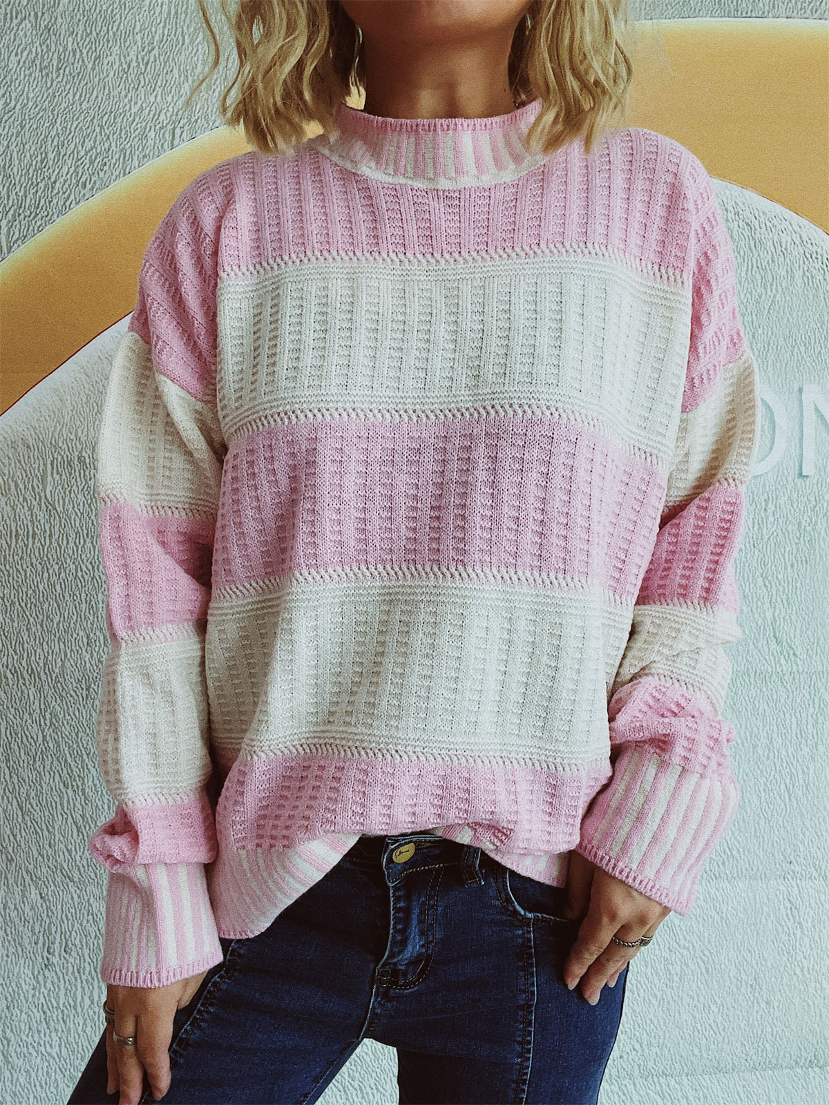 Contrast Round Neck Long Sleeve Sweater - Charming Charlie