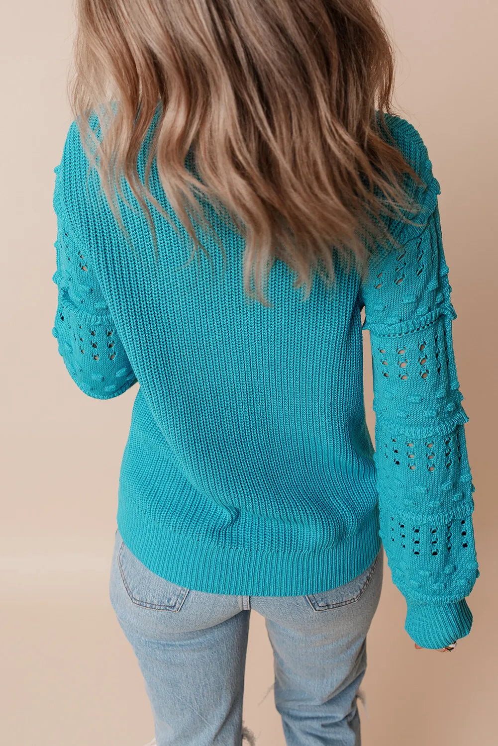 Openwork Frill Round Neck Long Sleeve Sweater - Charming Charlie